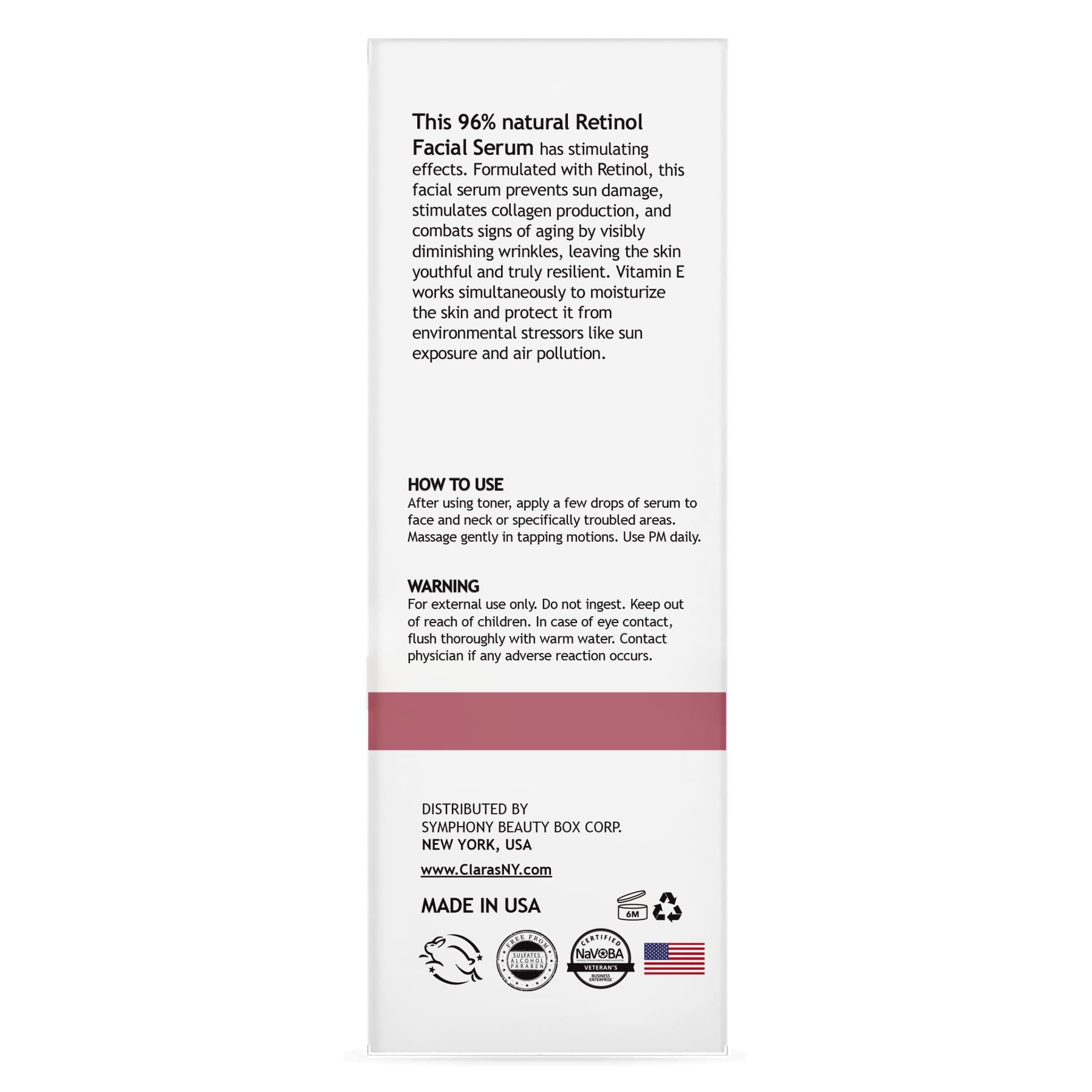 CLARA'S NEW YORK Retinol Serum clean-ingredients label reiterates paraben-free and cruelty-free promise.