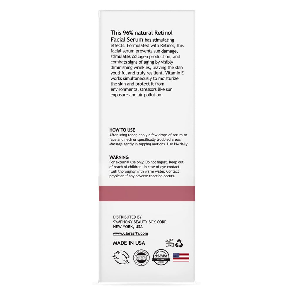 CLARA'S NEW YORK Retinol Serum clean-ingredients label reiterates paraben-free and cruelty-free promise.