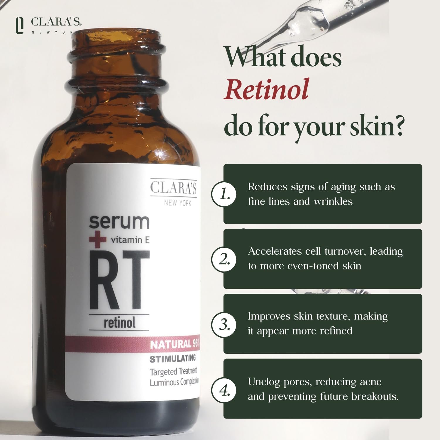 CLARA'S NEW YORK Retinol Serum dropper dispense demonstrates easy daily application.