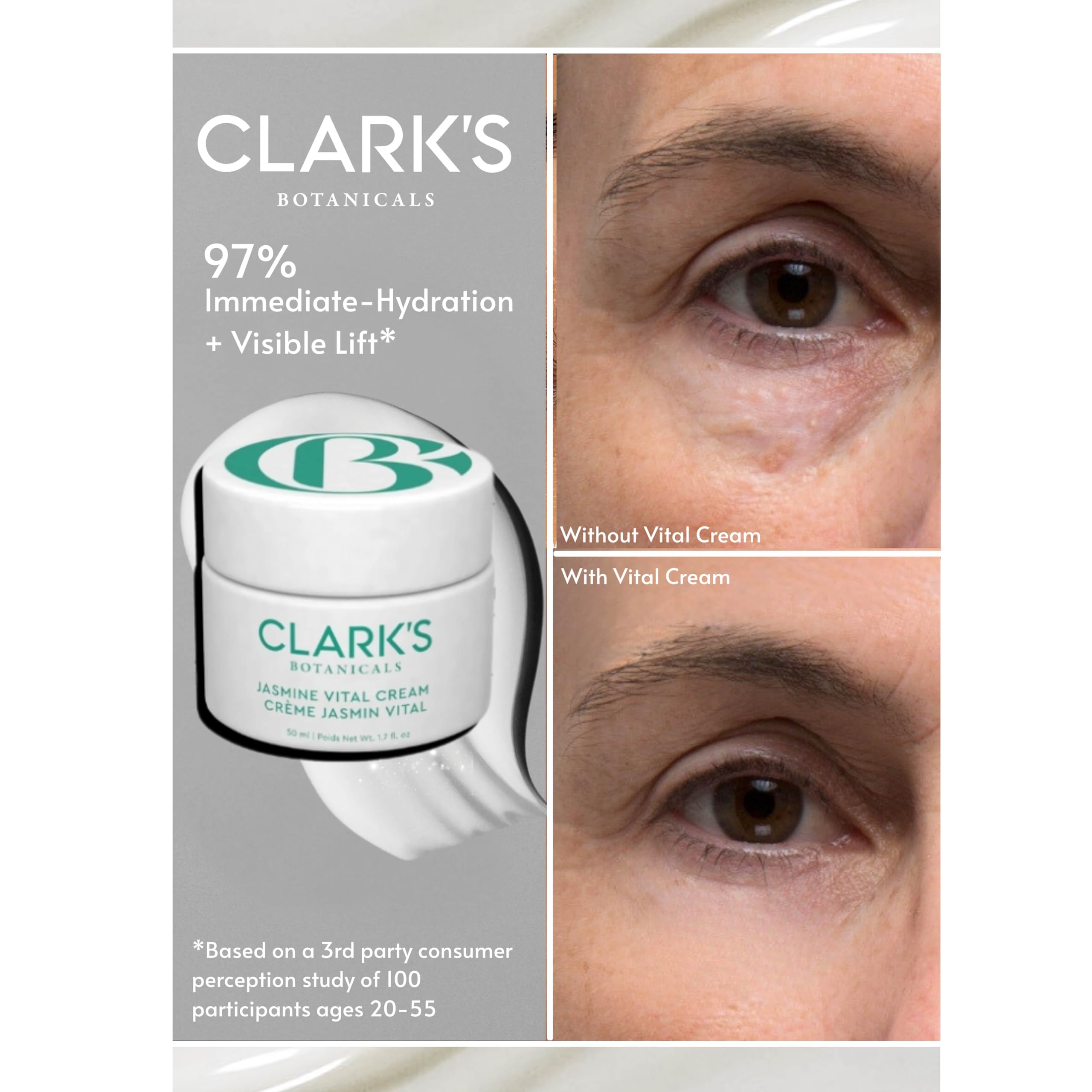 Clark's Botanicals Jasmine Vital Hydration jar-open shows creamy gel texture ideal for layering