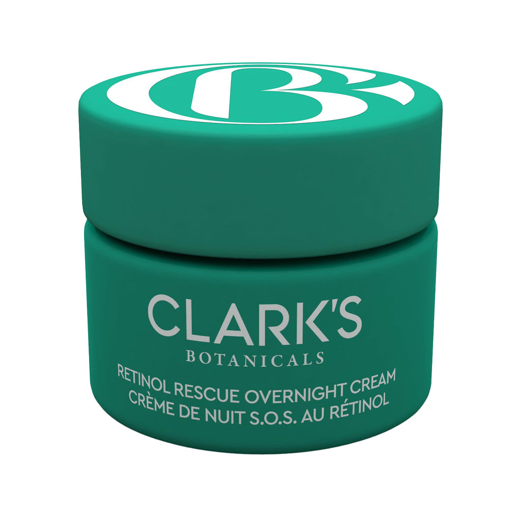 Clark's Botanicals Retinol Rescue overnight cream packaging shows travel-friendly 30ml size.