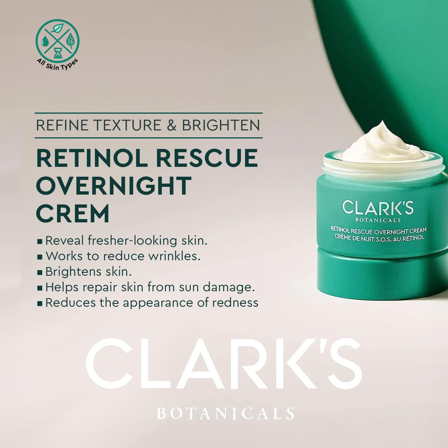 Clark's Botanicals Retinol Rescue vitamin C and hyaluronic acid highlight brightness and hydration.