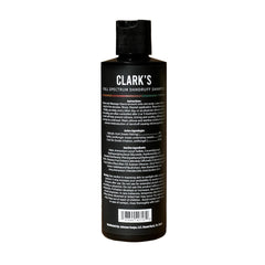 Clark's Full Spectrum Dandruff Shampoo bottle side label shows actives for informed use and scalp care.