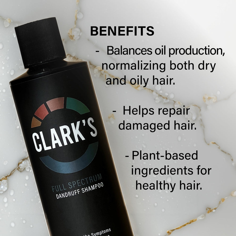Clark's Full Spectrum Dandruff Shampoo ingredients panel confirms active components for trust.