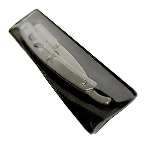 Plastic pouch keeps the shavette and blades safe during transport.