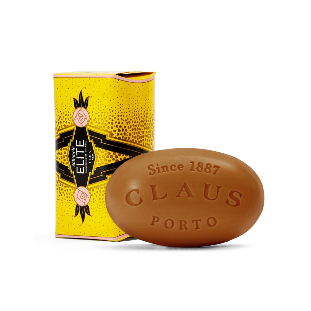 Claus Porto Elite Tonka Imperial soap packaging with bold yellow and black design for daily cleansing
