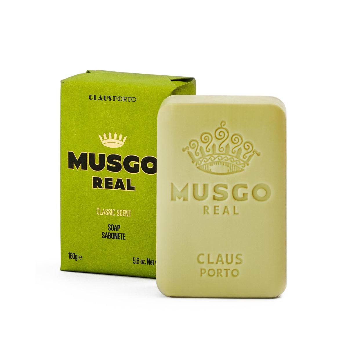 Claus Porto Musgo Real classic soap close-up highlights the woody scent for a refreshing cleanse