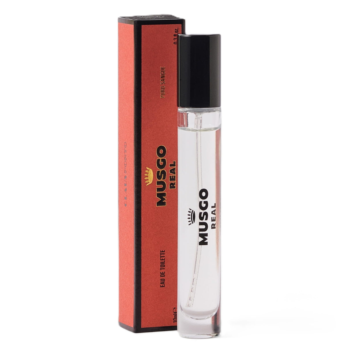 Claus Porto Musgo Real Puro Sangue bottle close-up, highlighting citrus opening and leather vibe for evening wear