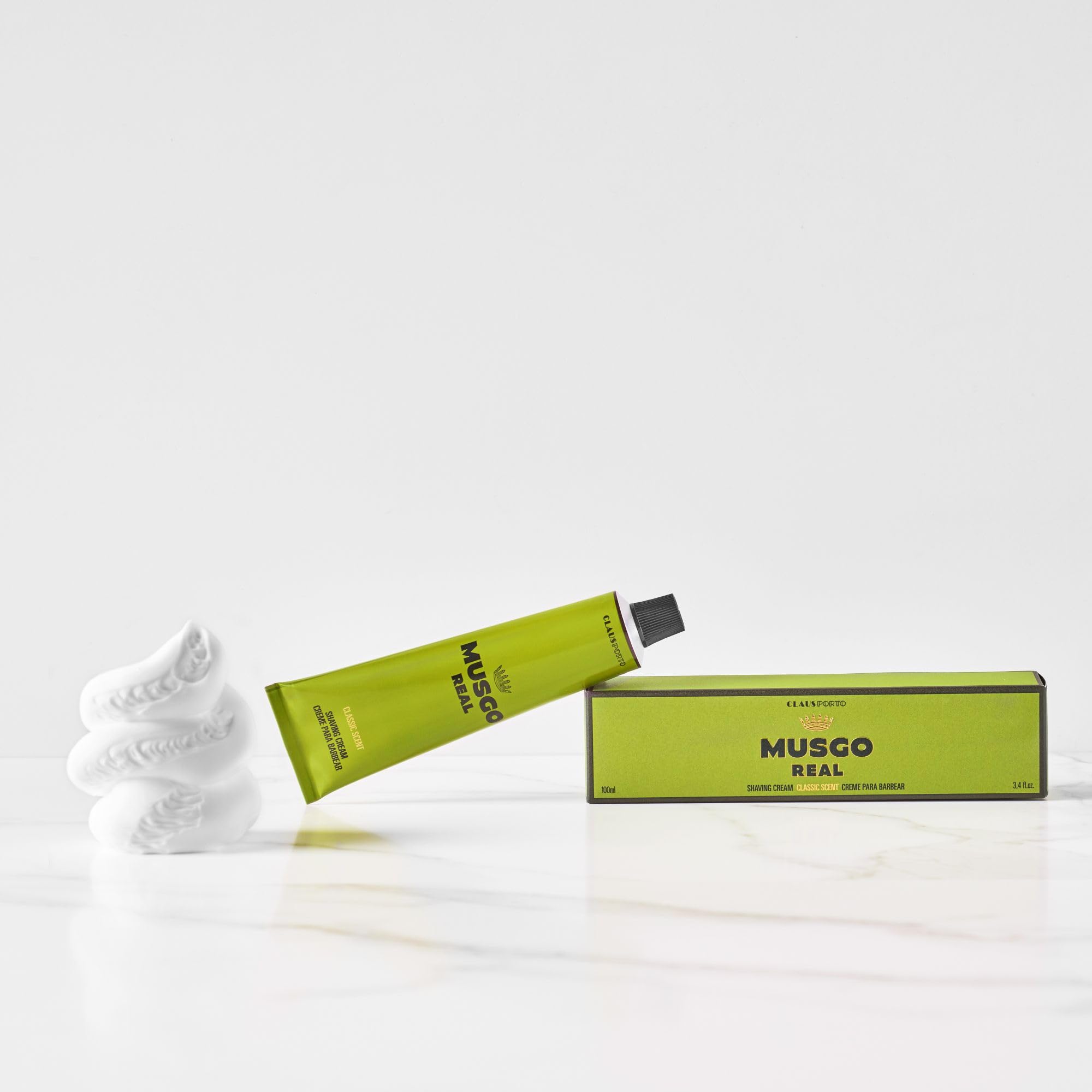 Claus Porto Musgo Real lather on skin with shaving brush for a smooth, comfortable shave.