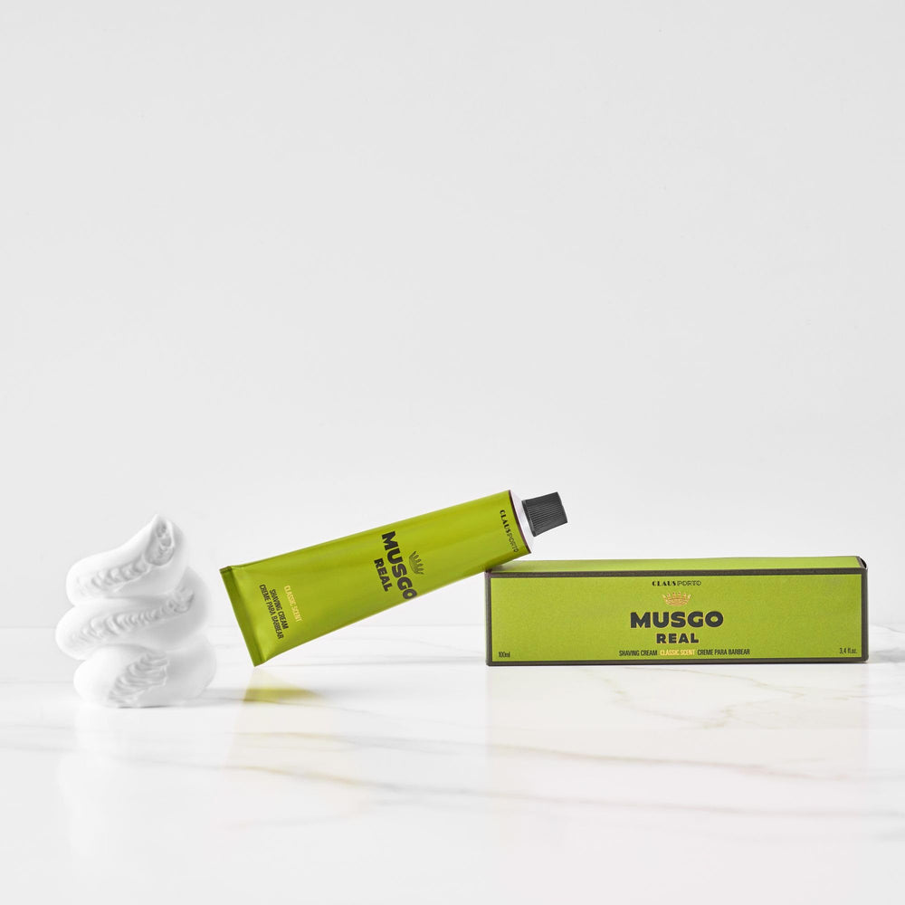 Claus Porto Musgo Real lather on skin with shaving brush for a smooth, comfortable shave.