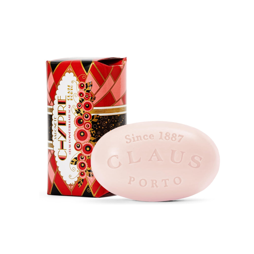 Claus Porto Chypre Cedar Poinsettia soap bar for daily cleansing and nourishing skin.