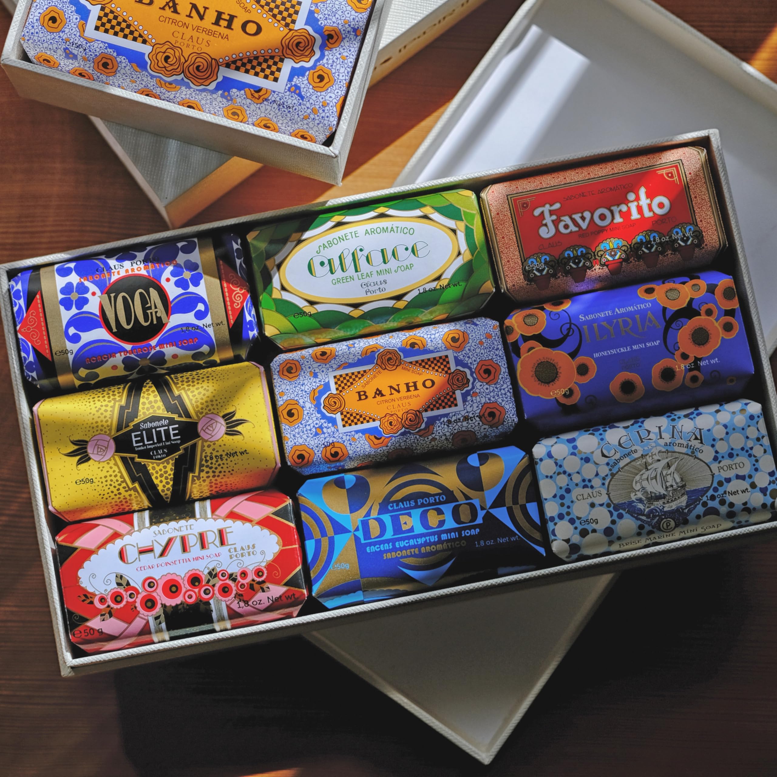 Claus Porto Deco Gift Box on shelf display signals premium handcrafted aroma variety
