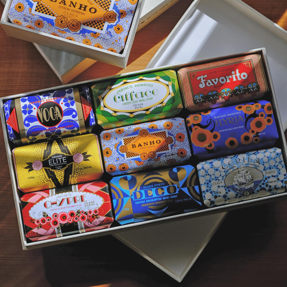 Claus Porto Deco Gift Box on shelf display signals premium handcrafted aroma variety