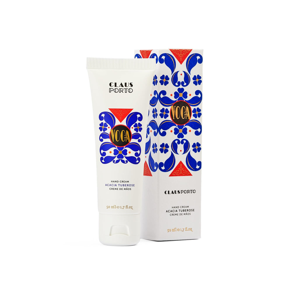 Claus Porto Voga Acacia Tuberose hand cream tube front showing silky hydration for dry hands.