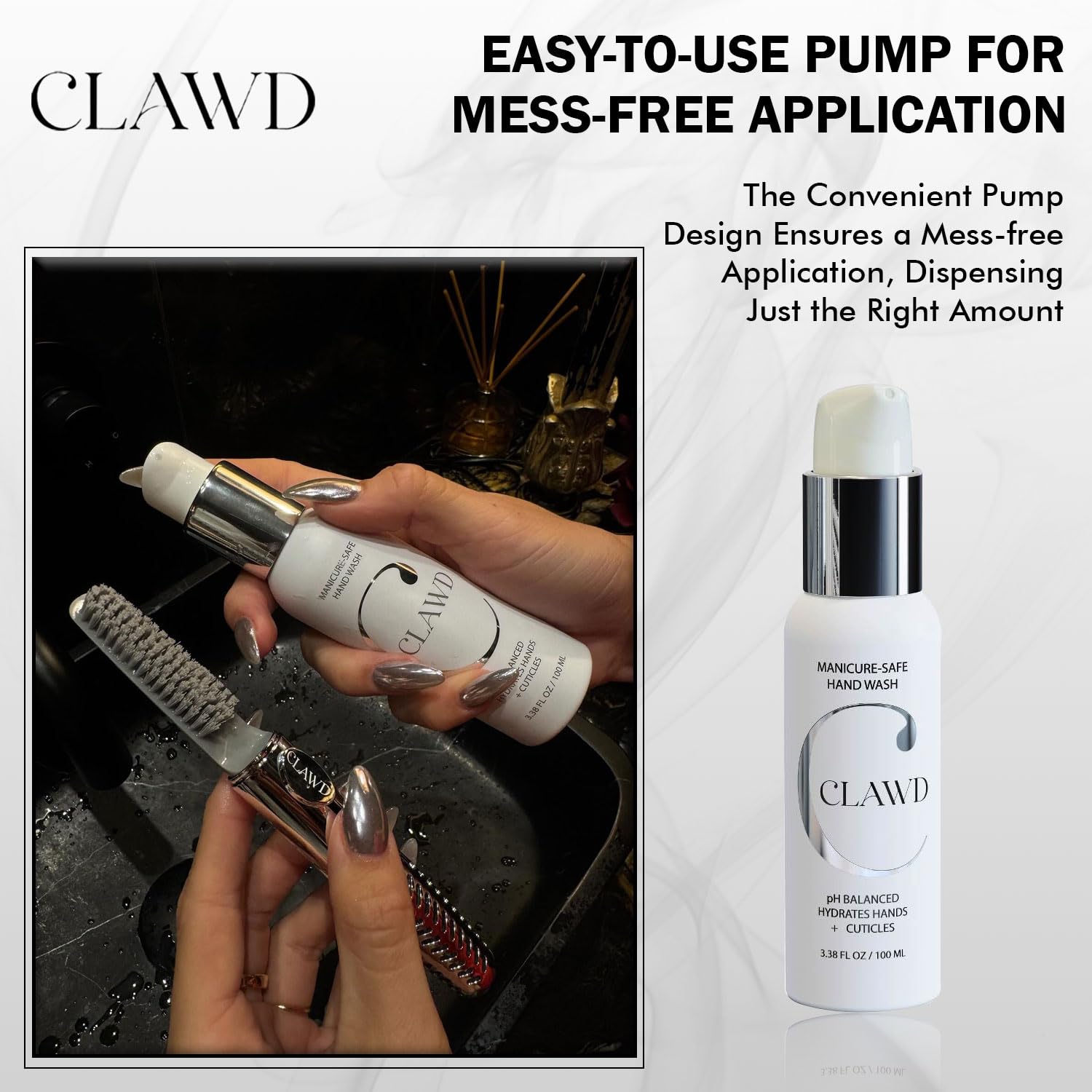 CLAWD manicure-safe formula label emphasizing nail protection during washing