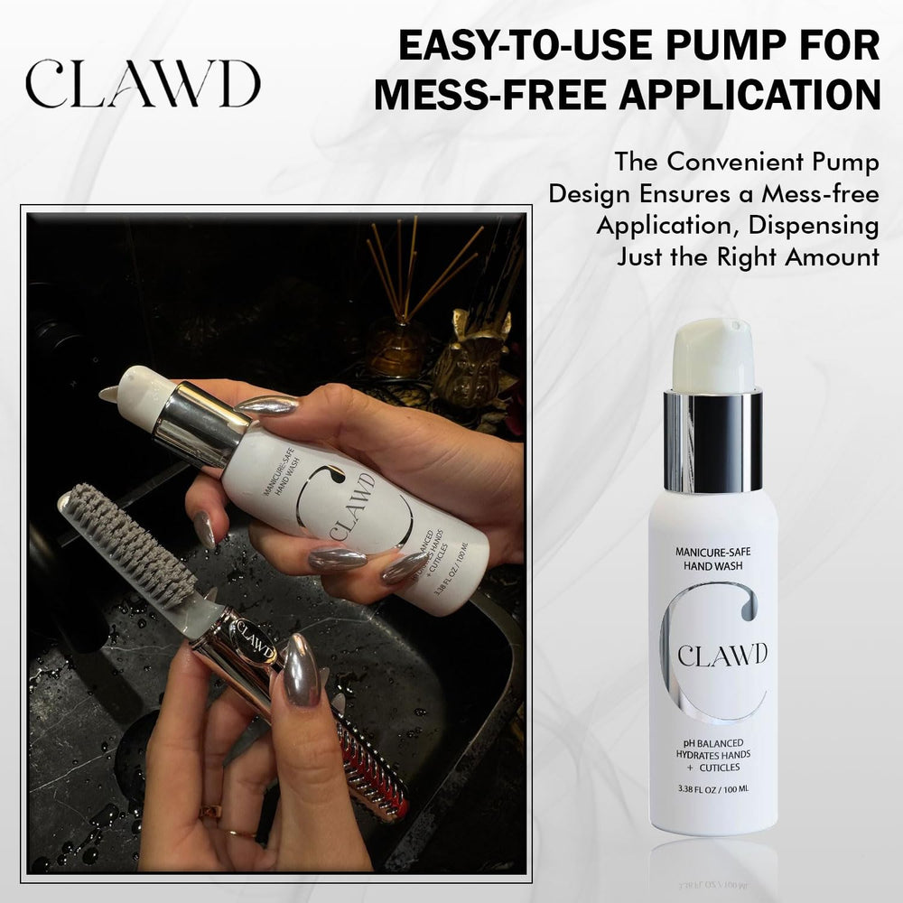 CLAWD manicure-safe formula label emphasizing nail protection during washing