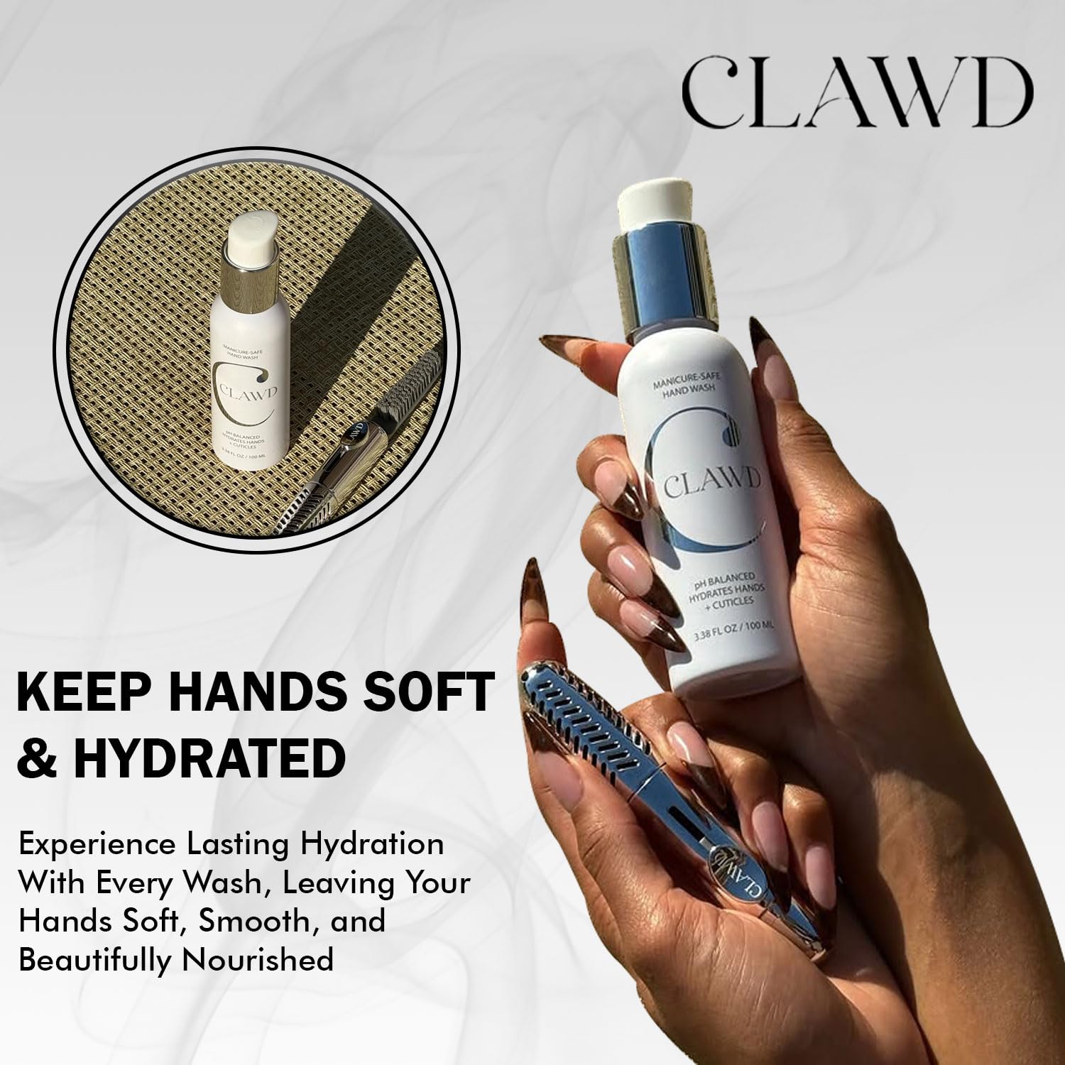 Closeup of CLAWD pump dispensing moisturizing lather for dry hands