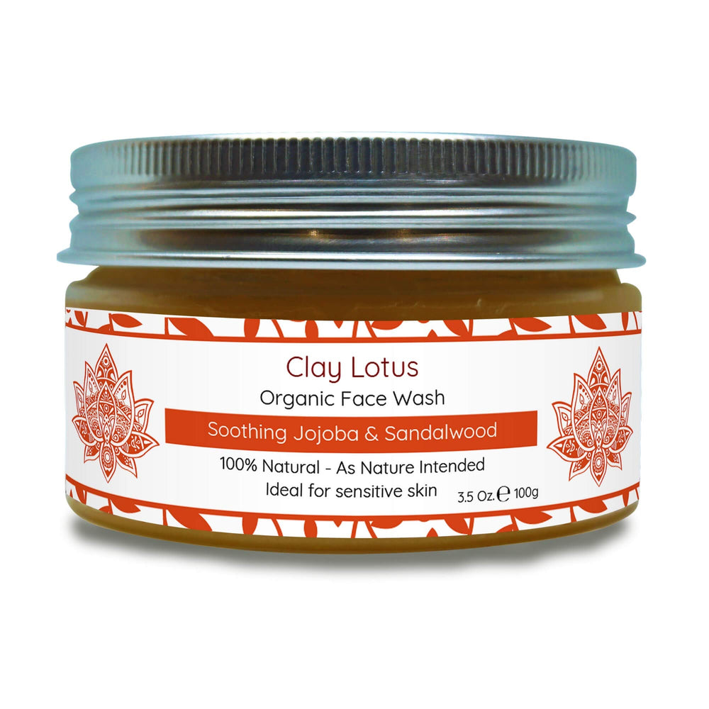 Clay Lotus Face Wash bottle with pump showing a gentle cleanse for sensitive skin