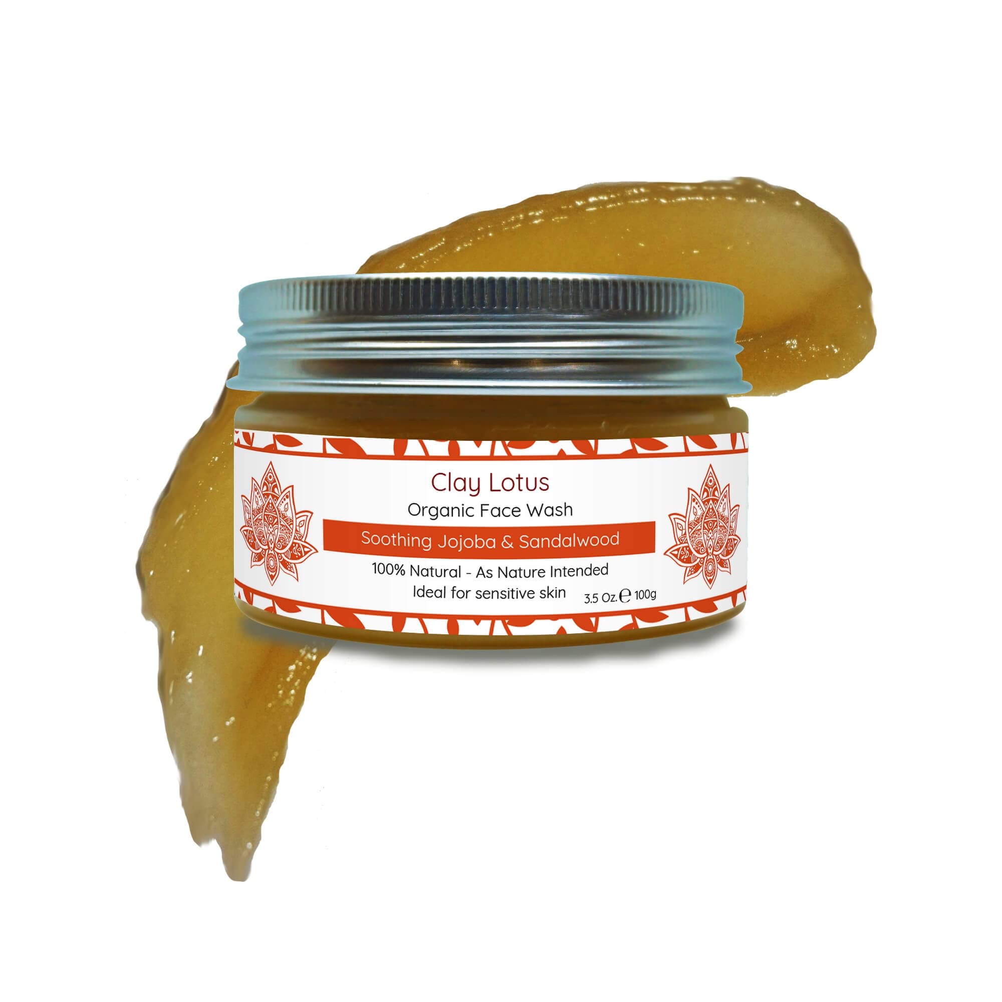 Clay Lotus Face Wash ingredients closeup highlighting jojoba and sandalwood benefits
