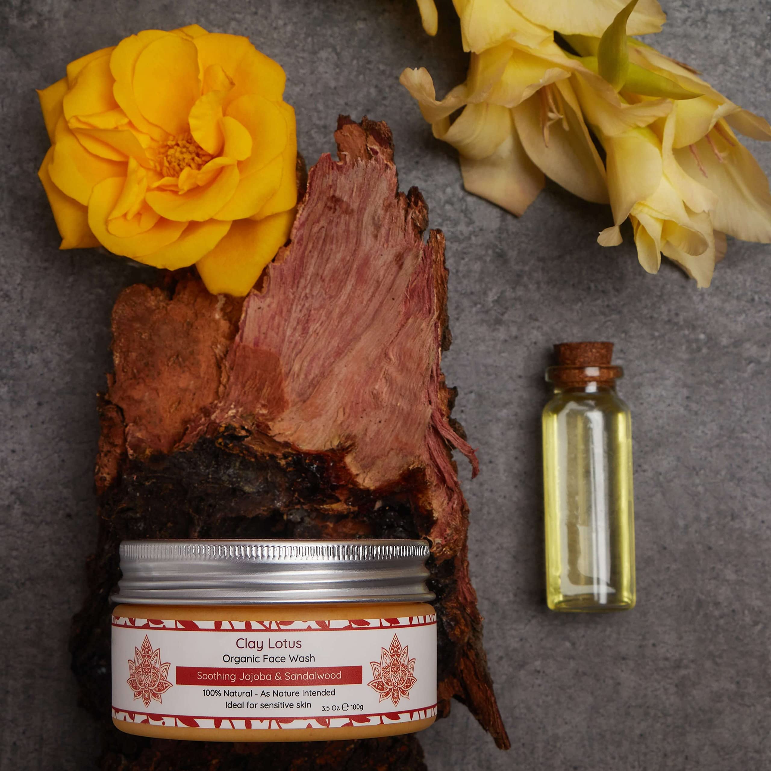 Clay Lotus Face Wash sandalwood detail highlighting calming aroma and care