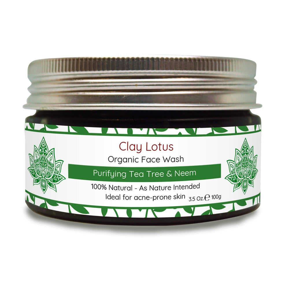 Clay Lotus face wash bottle features tea tree infusion for clearer skin