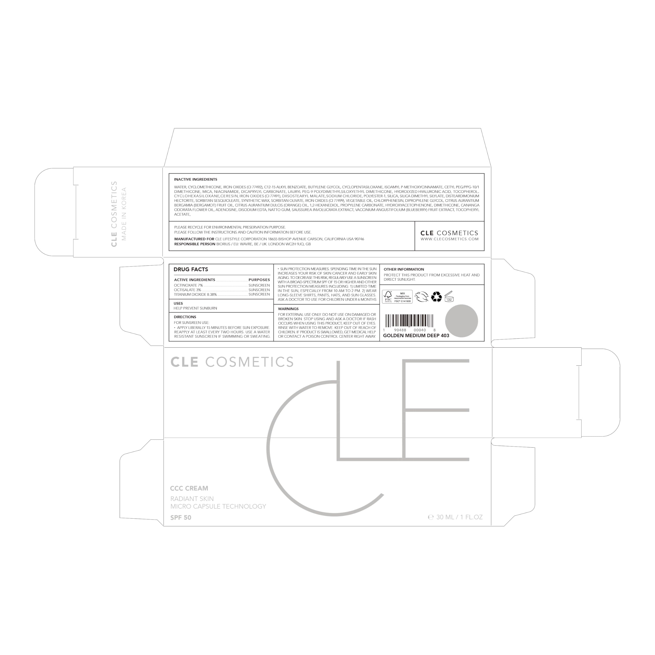 CLE Cosmetics CCC Cream SPF 50 label indicating daily sun protection