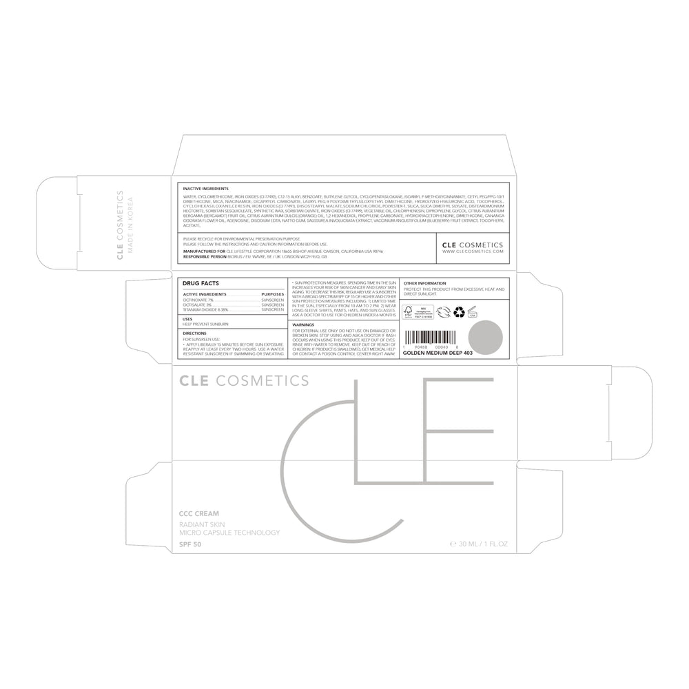 CLE Cosmetics CCC Cream SPF 50 label indicating daily sun protection