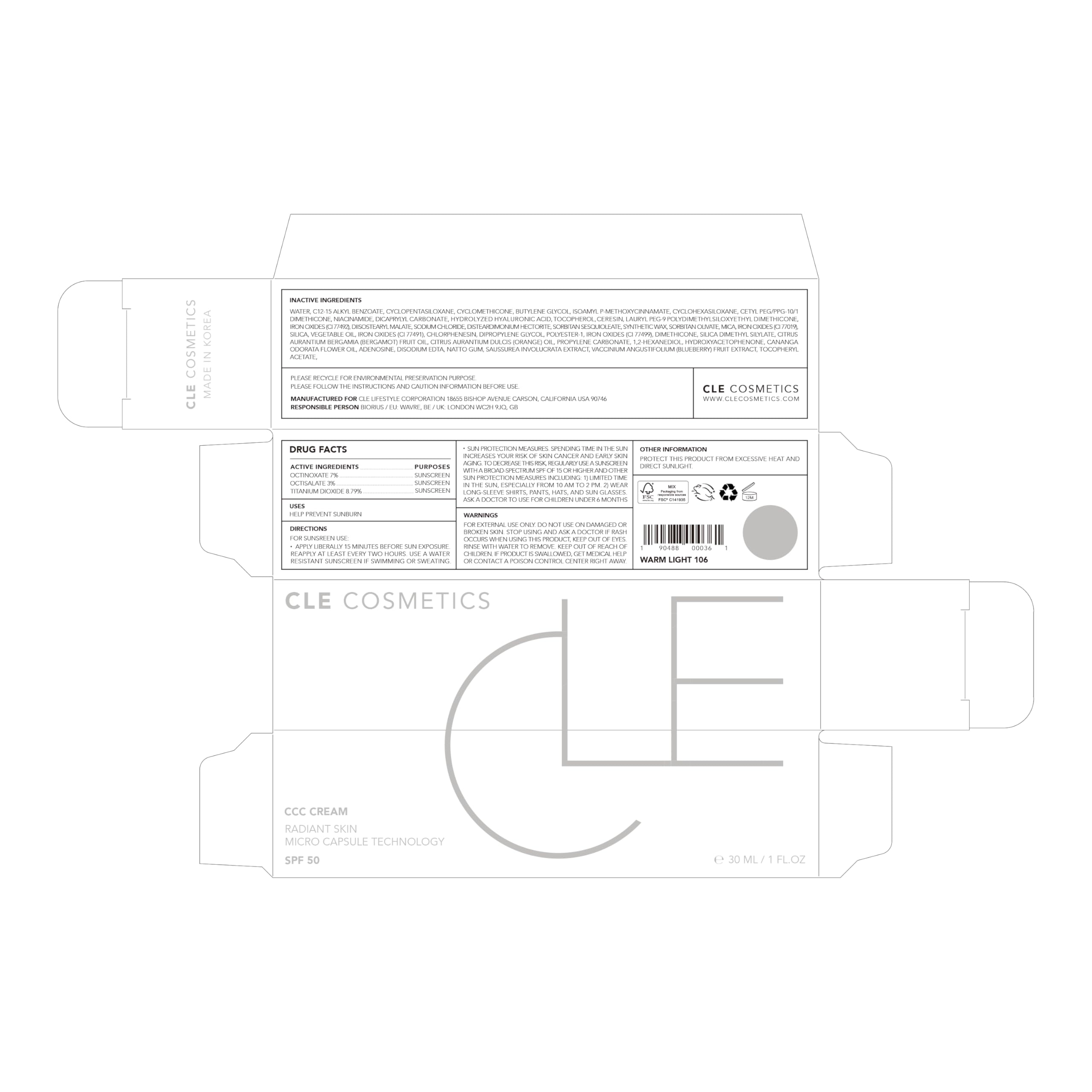 CLE Cosmetics CCC Cream Warm Light 106 eco-conscious cruelty-free packaging.