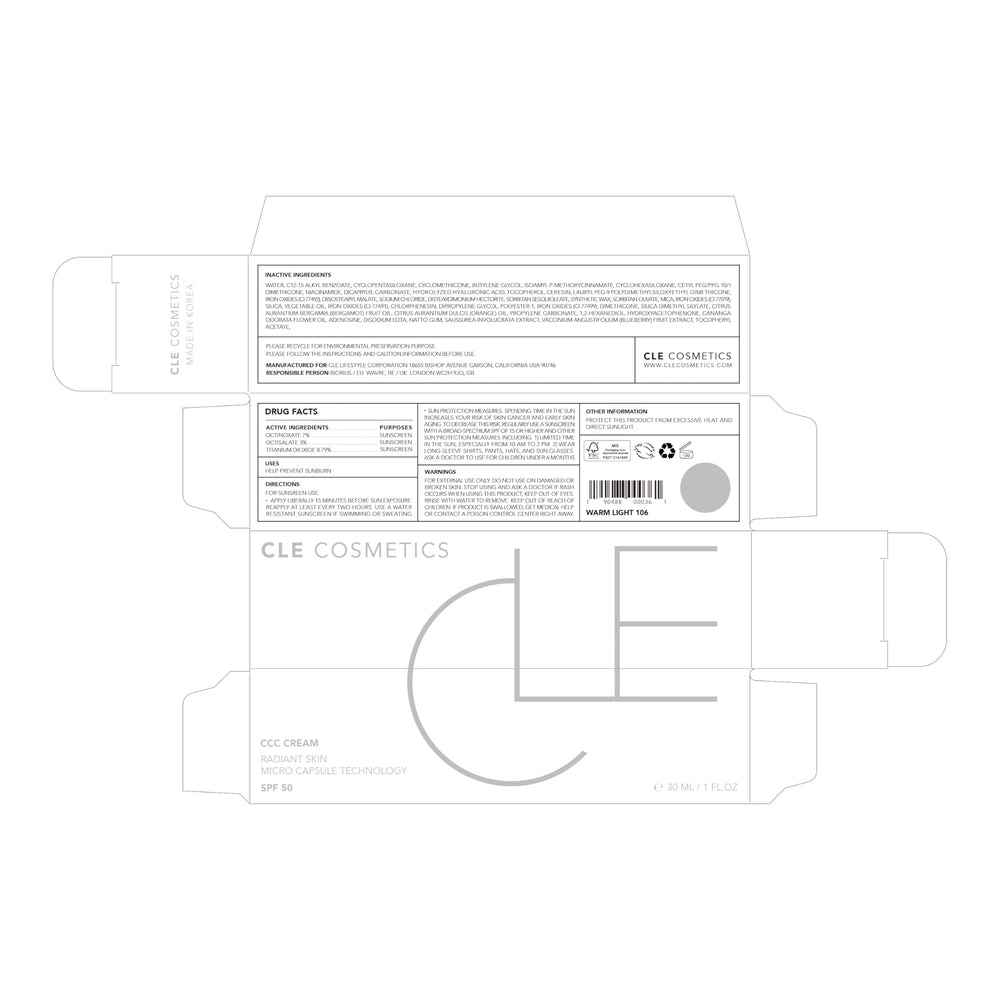 CLE Cosmetics CCC Cream Warm Light 106 eco-conscious cruelty-free packaging.