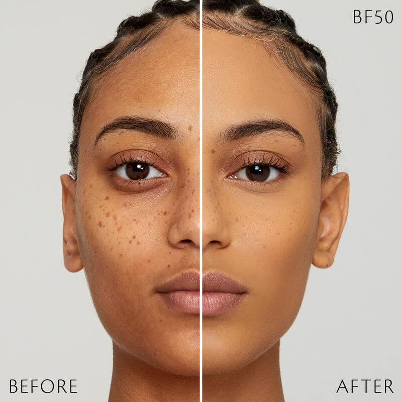 Close-up of foundation application shows smooth blend into skin