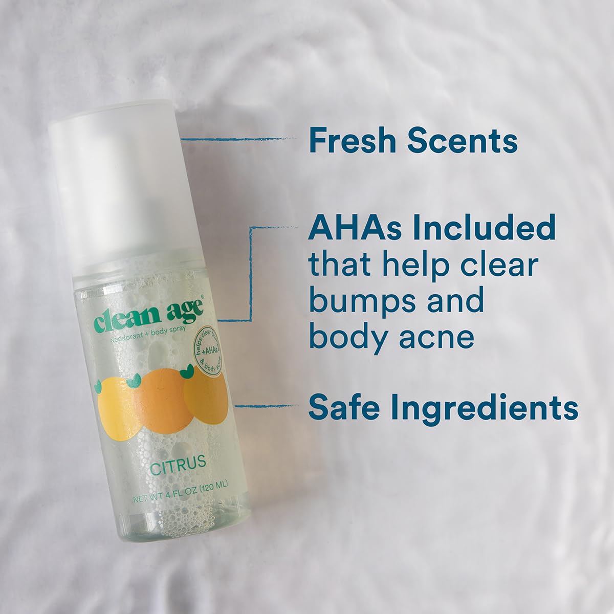 Closeup of Clean Age aluminum-free label highlighting vegan and paraben-free formula