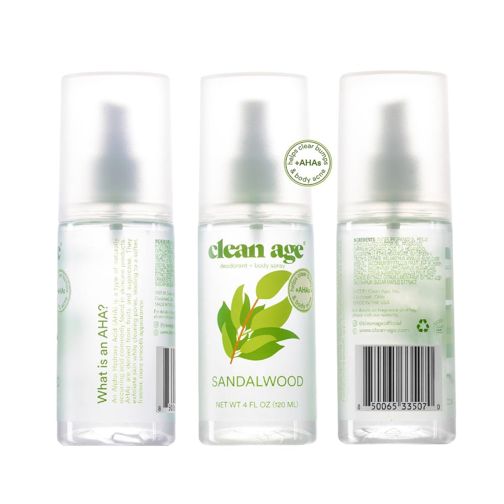 Clean Age body spray sandalwood mist suggesting all-day, light fragrance for daily teen wear