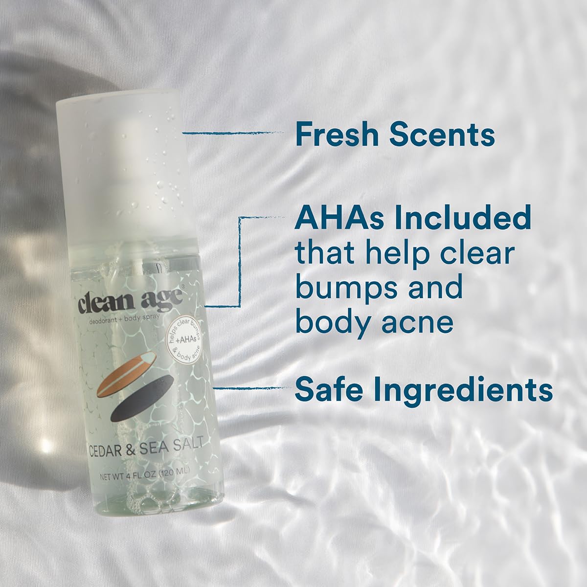 Clean Age Cedar bottle back view lists vegan and paraben-free features.