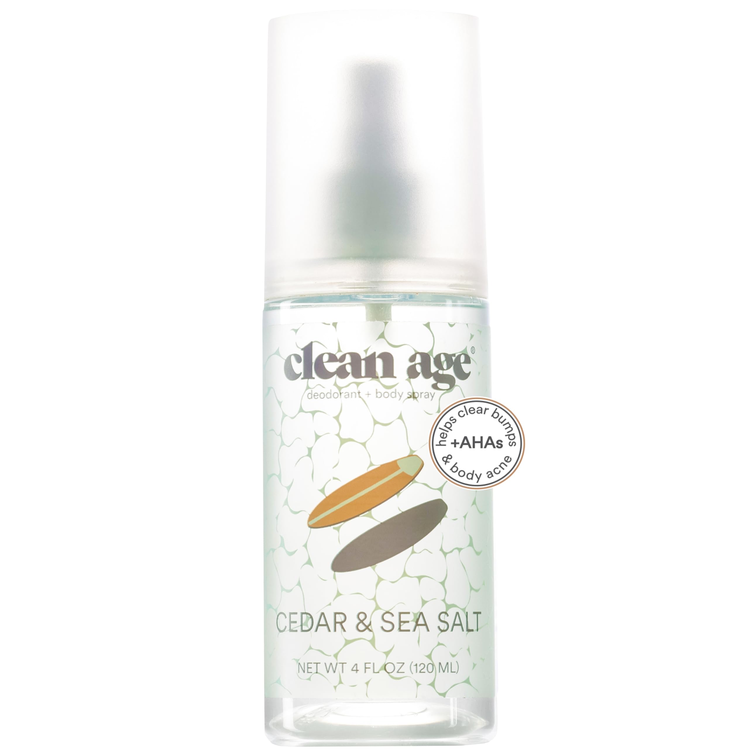 Clean Age Cedar bottle front view highlighting aluminum-free formula for teens.