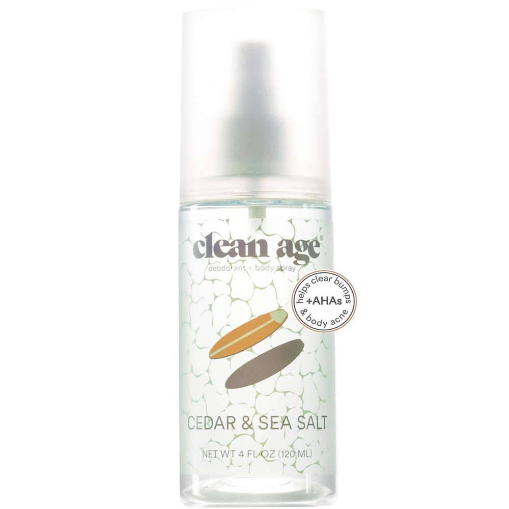 Clean Age Cedar bottle front view highlighting aluminum-free formula for teens.