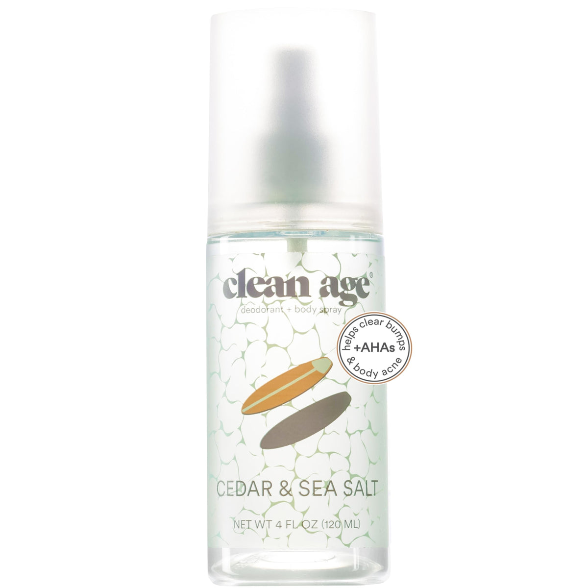 Clean Age Cedar bottle front view highlighting aluminum-free formula for teens.