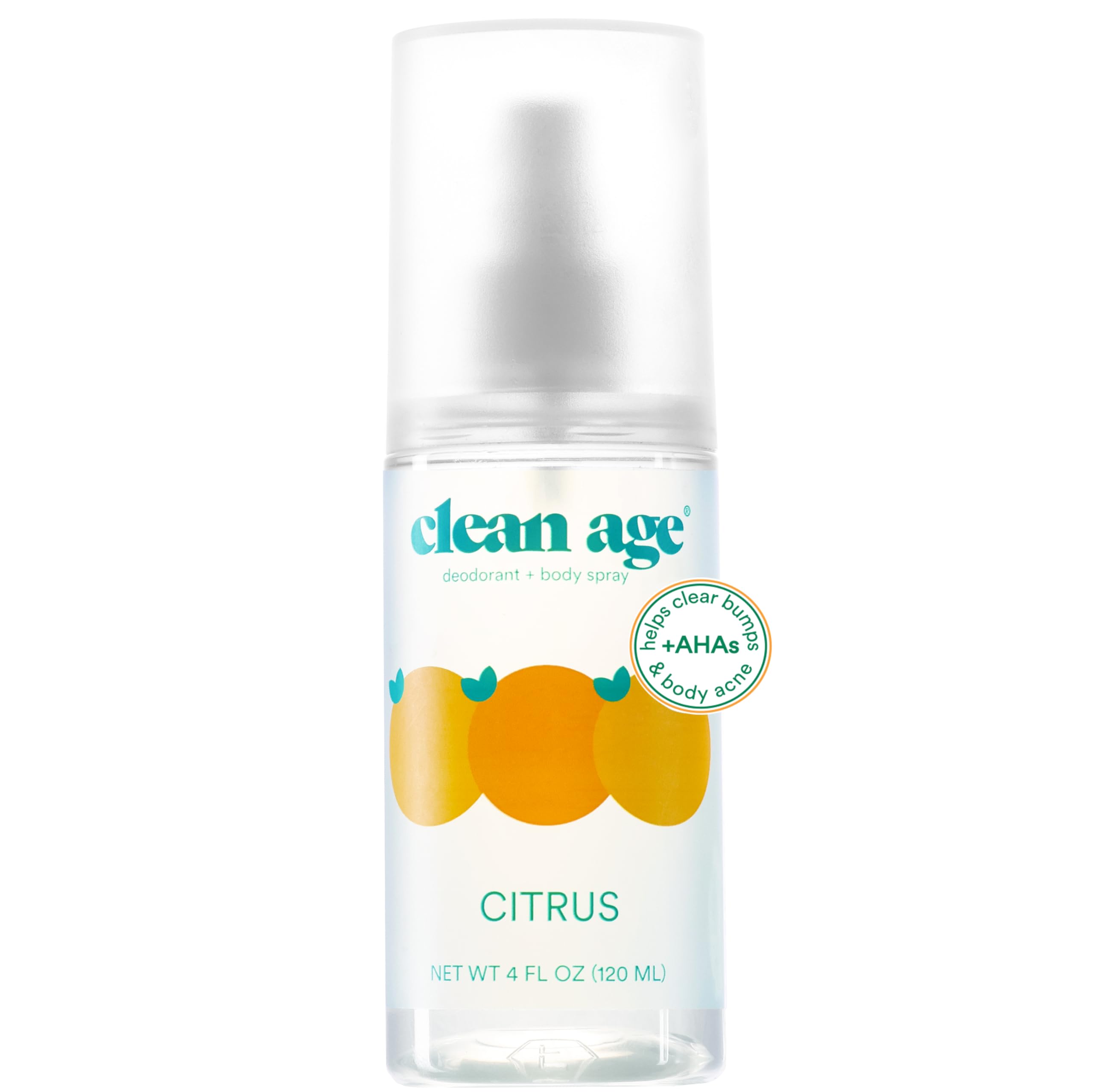 Clean Age citrus body spray bottle front with teen-friendly design for everyday refresh