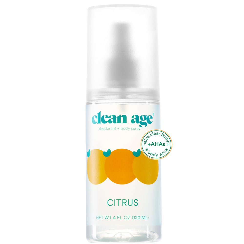 Clean Age citrus body spray bottle front with teen-friendly design for everyday refresh