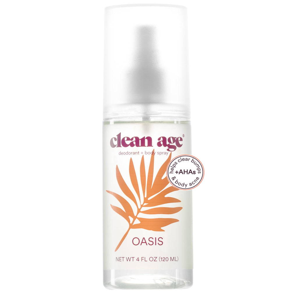 Clean Age Oasis bottle front - aluminum-free teen deodorant and body spray