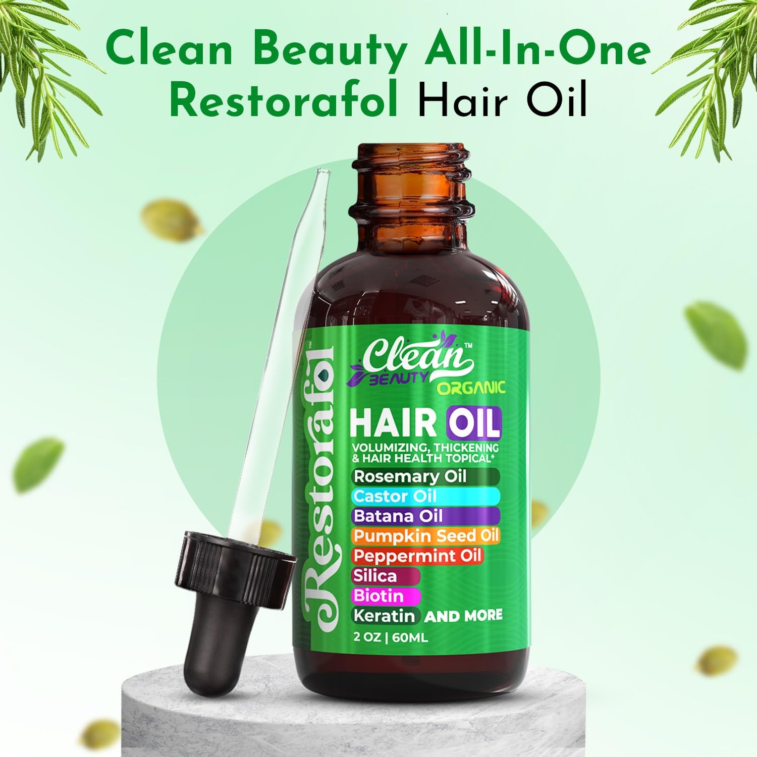 Clean Beauty bottle with ingredients shot showcasing natural oils for nourishment.