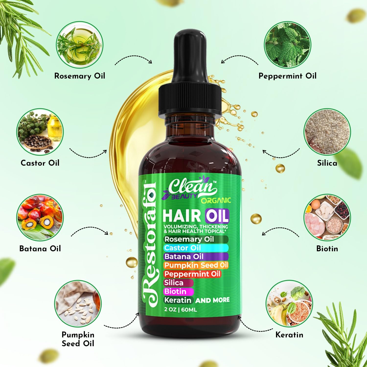 Clean Beauty Rosemary Hair Oil label close-up highlighting premium ingredients.