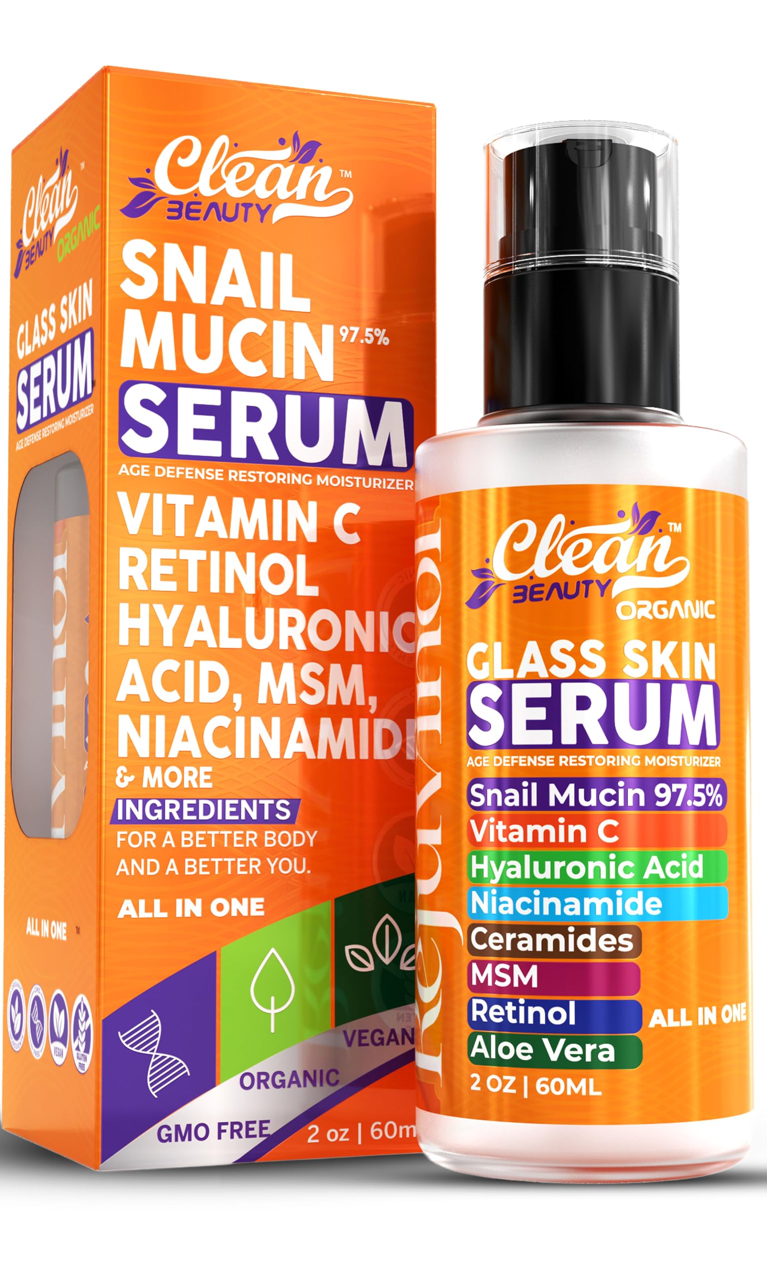 Clean Beauty snail mucin serum bottle close-up for daily anti-aging care.
