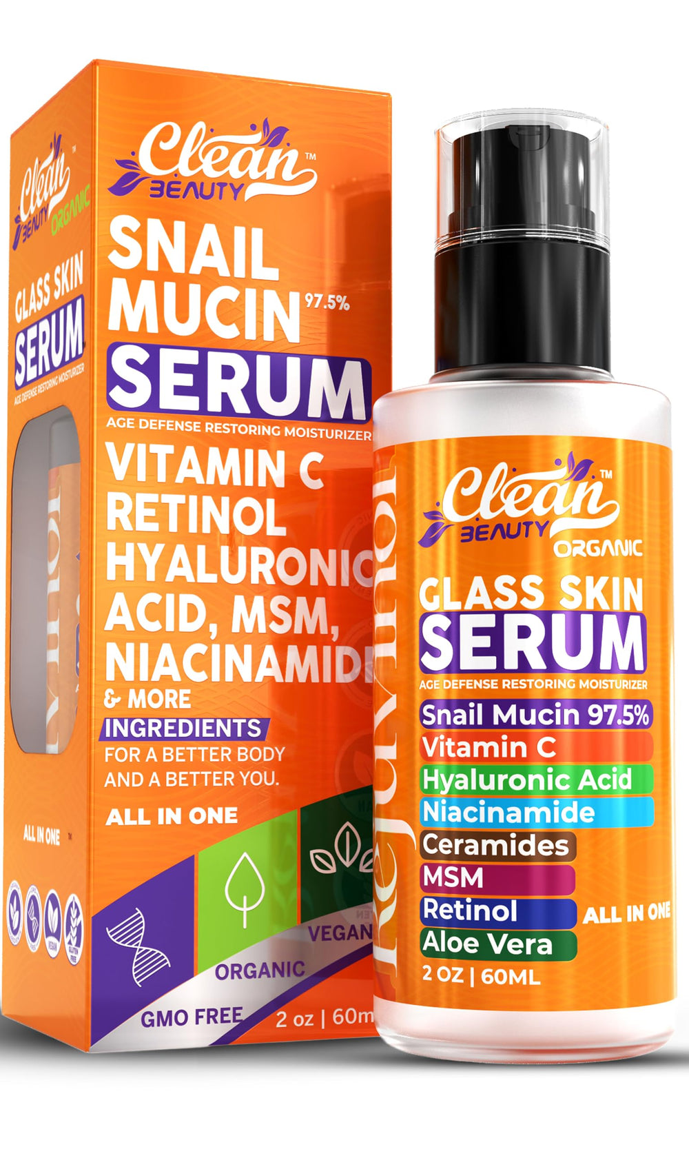 Clean Beauty snail mucin serum bottle close-up for daily anti-aging care.