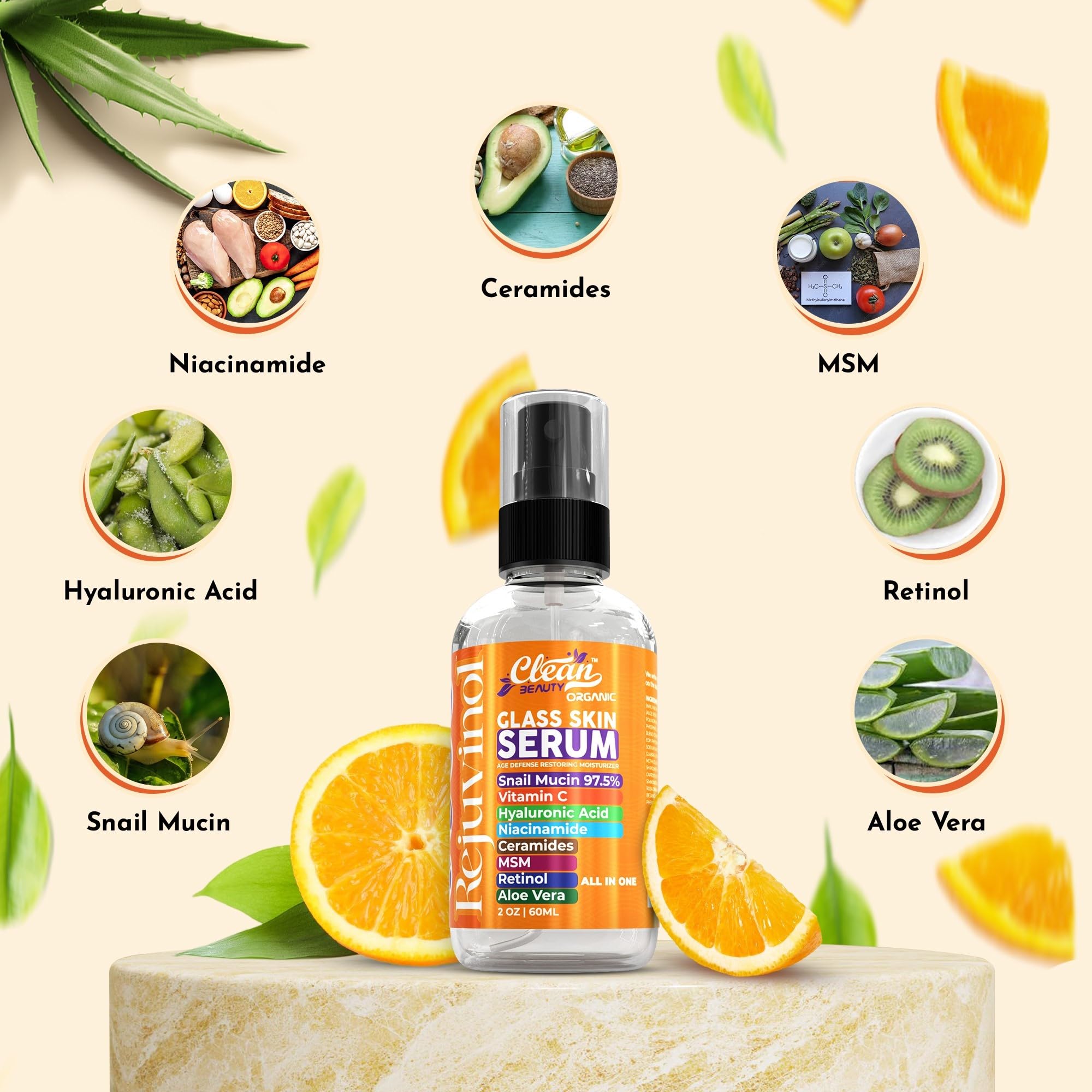 Clean Beauty snail mucin serum ingredients detail highlighting active components.