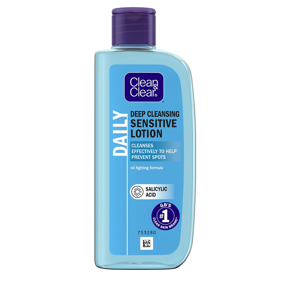 Clean & Clear Deep Cleansing Lotion bottle front view for sensitive skin, gentle cleanse.