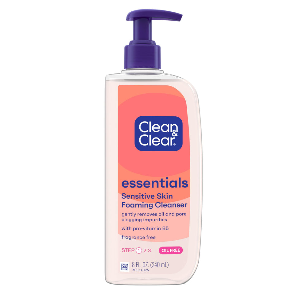 Clean & Clear Essentials bottle with pump for oil-free daily cleansing.