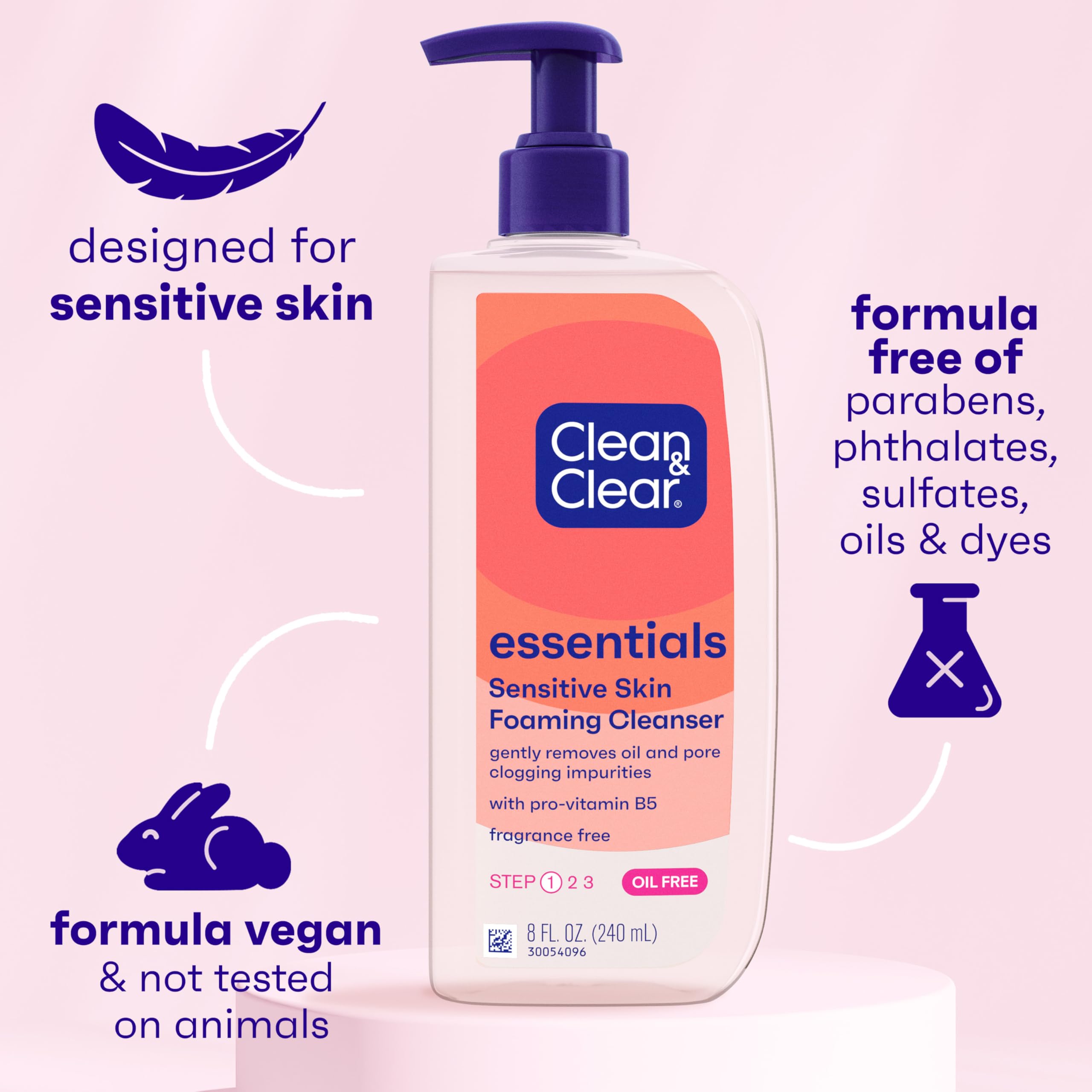 Clean & Clear Essentials fragrance-free label highlights sensitive-skin friendly formula.
