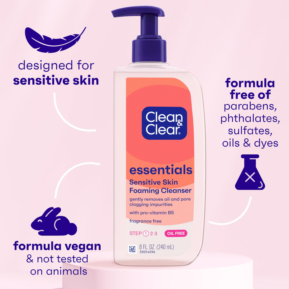 Clean & Clear Essentials fragrance-free label highlights sensitive-skin friendly formula.