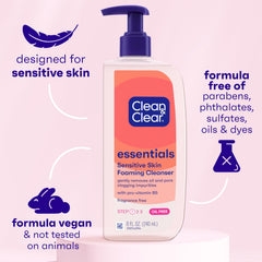 Clean & Clear Essentials fragrance-free label highlights sensitive-skin friendly formula.