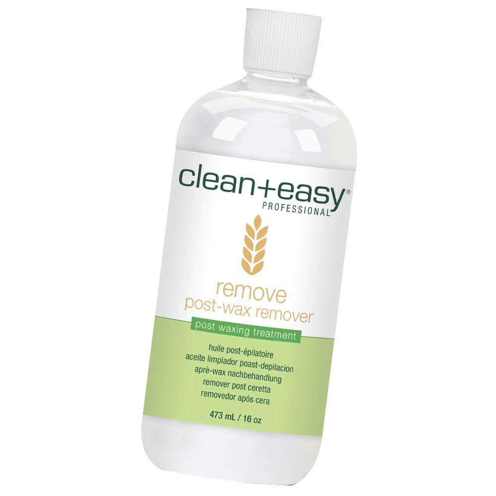 Clean + Easy After Wax Remover bottle pour shows a clear, odorless formula for skin.